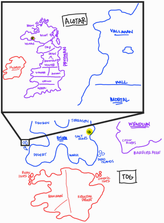 Original map concepts and world names based on the ACOTAR, CC, ToG series by Sarah J. Maas. Illustrated reference diagram created for Romantasy Wiki explanatory purposes.