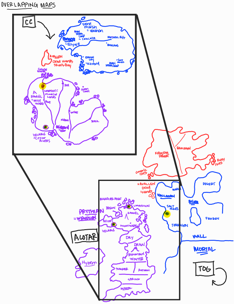 Original map concepts and world names based on the ACOTAR, CC, ToG series by Sarah J. Maas. Illustrated reference diagram created for Romantasy Wiki explanatory purposes.