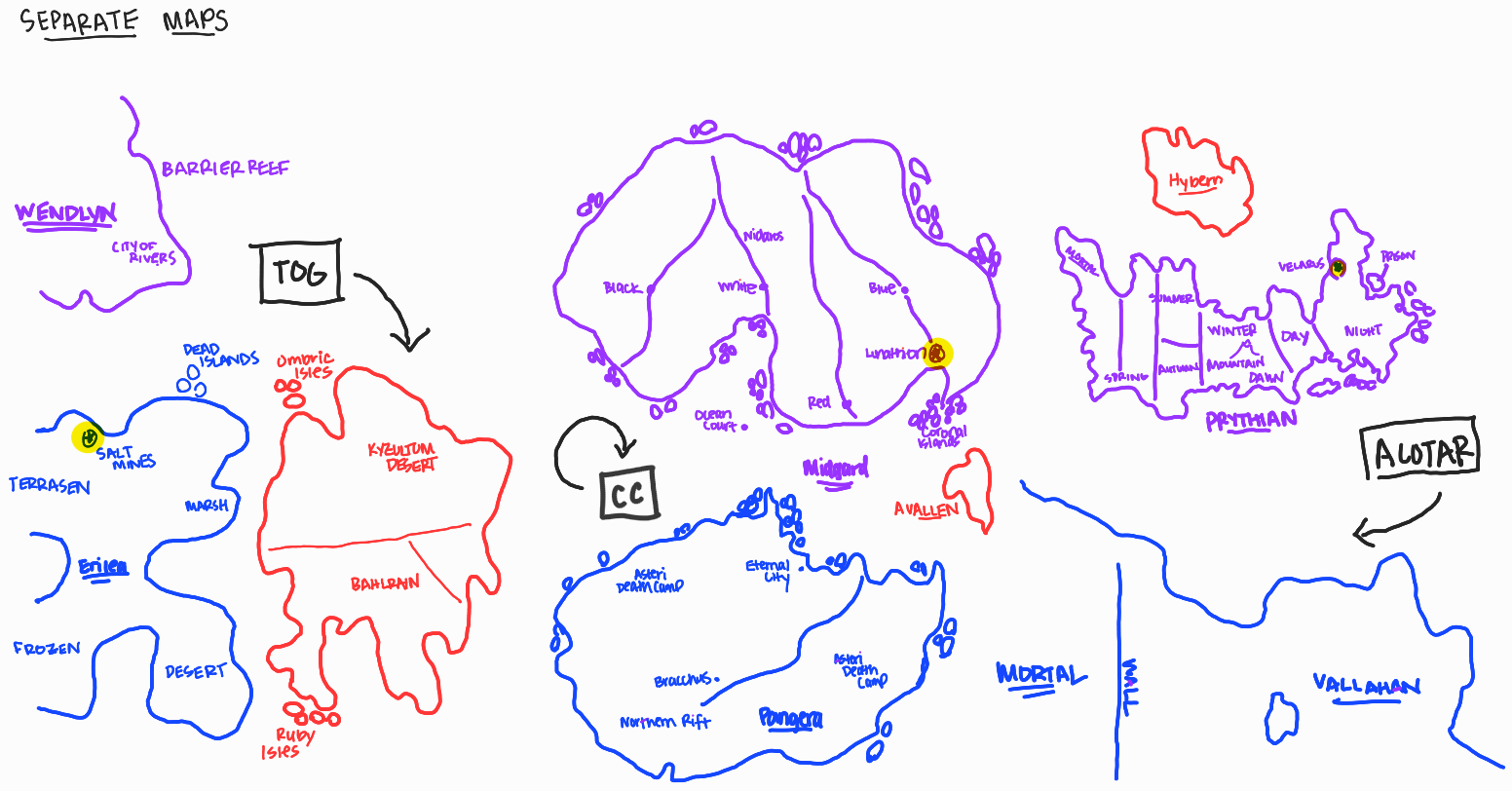 Original map concepts and world names based on the ACOTAR, CC, ToG series by Sarah J. Maas. Illustrated reference diagram created for Romantasy Wiki explanatory purposes.