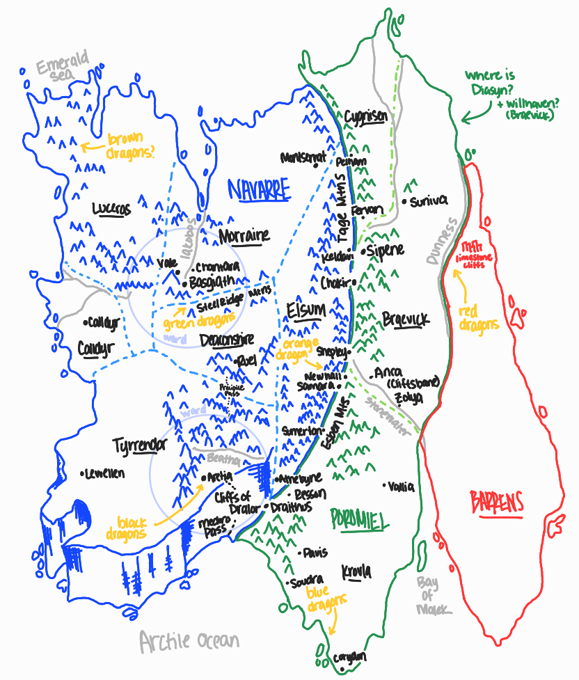 Original map concepts and world names based on the Empyrean series by Rebecca Yarros. Illustrated reference diagram created for Romantasy Wiki.