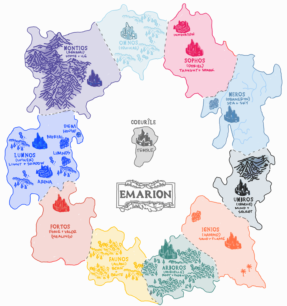 Original map concepts and world names based on the Kindred Curse Saga by Penn Cole. Annotated illustration created by Romantasy Wiki for reference.